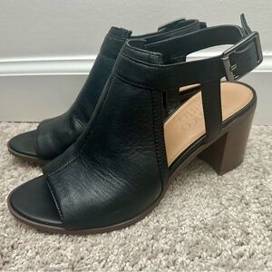Black Open-Toe Leather Ankle Block Heel Sandals - Women